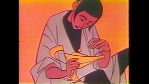 CIRCA 1959 - In this animated film, Aladdin rubs the magic lamp and the genie grants his first wish, which is to bring his mother out of poverty.