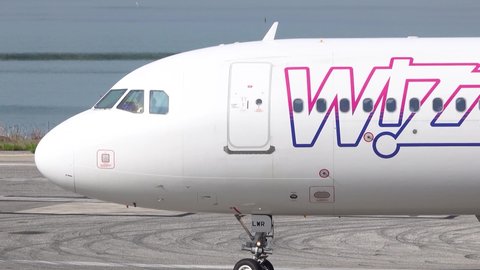 Corfu, Greece – 16 September 2020: An Airbus A320 of Wizzair taxiing at Corfu Airport (CFU) in Greece. Airbus is an Aircraft manufacturer from Toulouse, France.