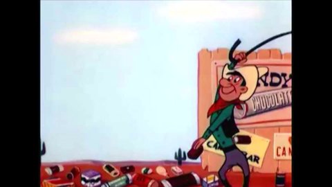 CIRCA 1950s - A cheerful movie intermission cartoon featuring a rodeo cowboy, a U.S. Marshall, an inmate and a Native American Indian with children.