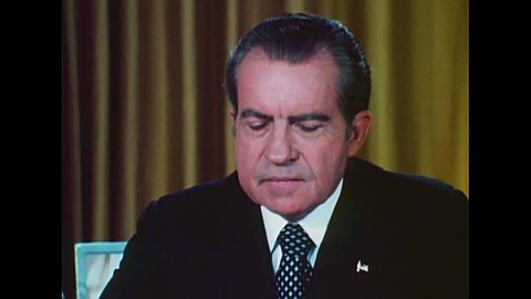 CIRCA 1970s - President Richard Milhous Nixon gives a statement regarding charges in the Watergate Scandal, in Washington, D.C., in 1973.
