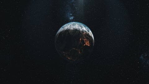 Earth view from space rotation night to day transition. Sunrise sunset skyline. Realistic planet orbit zooming in. Bright sun flare. 3d render animation. 4K. Elements of this media furnished by NASA.