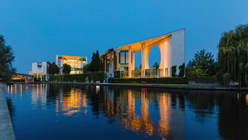 Blue Hour Hyper Lapse of Bundeskanzleramt with spree river, Berlin, Germany