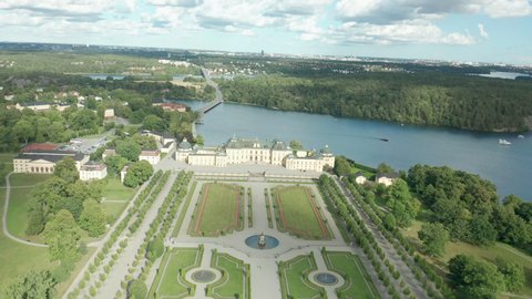 Aerial view of Drottningholm Castle in Stockholm, Sweden. The royal palace of the queen & king.