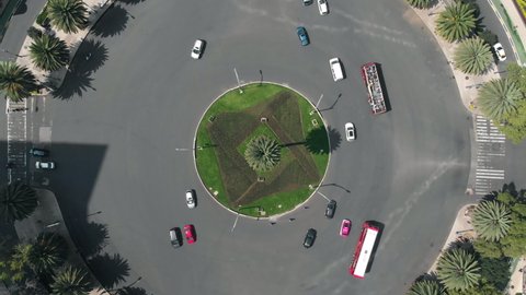 Aerial shot, Cenital twist from rounabout La Palma (the palm) Paseo de la Reforma (Reforma Avenue) in Mexico City