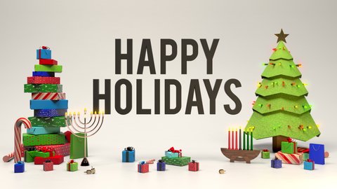 Happy holidays banner with christmas tree, menorah, kwanzaa candles, gifts, candy canes, and dreidels. Festive greeting card 3D animation in 4K. 