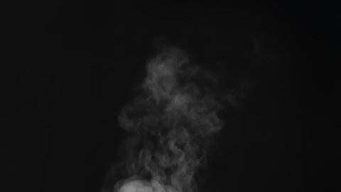 Steam from the Pan with a Fragrant Meal. White Steam rises from a large pot that is behind the scenes. Black background. Filmed at a speed of 240fps