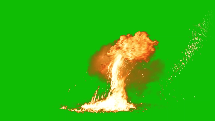 Ultra realistic explosion with thick black smoke on an isolated green screen background in slow motion.