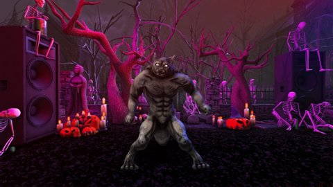 Seamless animation of a werewolf dancing thriller in a party in a graveyard. Funny cartoon character for Halloween background.