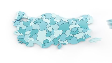 Map of Turkey in blue-green colors, top view. Formed by separate areas falling from top to bottom against a white background.