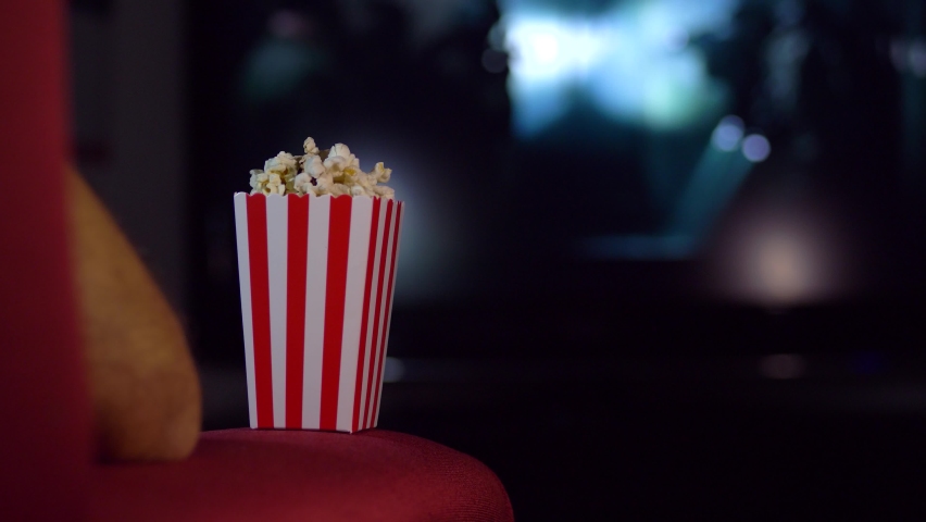 Eating popcorn while watching a movie on the couch at home. Scene in a house with bright lights, a movie night with the scent of pop corn. Royalty-Free Stock Footage #1059779528