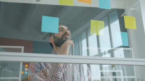 Portrait of bearded Middle Eastern man sticking sticky notes on glass wall in office concentrated on creative business activity. People and workplace concept.