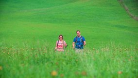 Clip of a couple that walk across a mountain meadow during an excursion. Trekking nordic walking video shot in Topla Valley, Crna na Koroskem, Slovenia