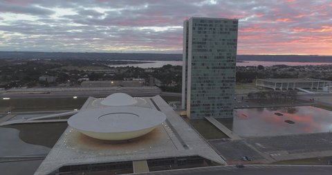 BRASILIA, DISTRITO FEDERAL/ BRAZIL -  July 2019: Sunrise aerial orbiting the National Congress Federal Senate and Chamber of Deputies upper and lower house government buildings