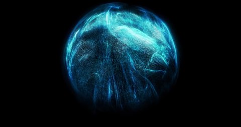 Abstract blue orb. energy and particle flowing inside orb. motion graphic element for background visuals. physics of fluid motion. 3D render, 4K loop