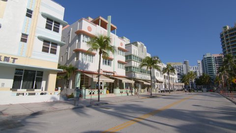 MIAMI BEACH, FL, USA - SEPTEMBER 26, 2020: Art Deco Hotels Miami Beach Ocean Drive circa September 2020