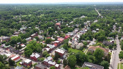 High aerial view pulling away from Shepherdstown, WV on a summer day.