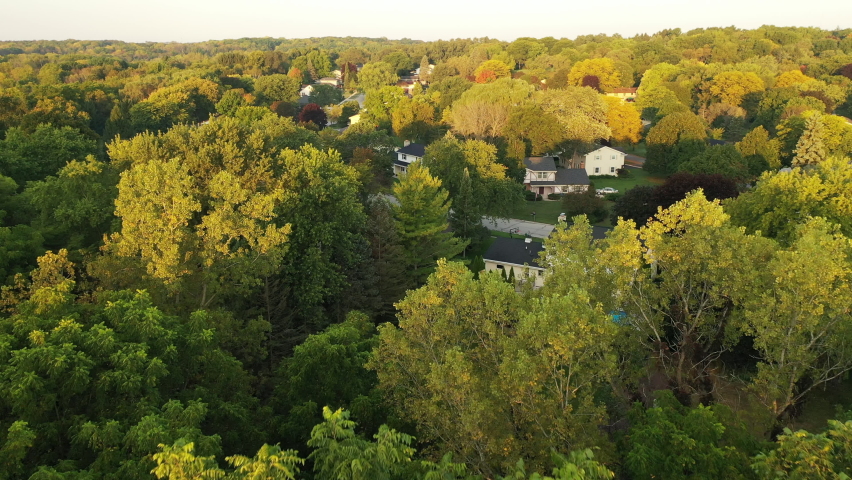 Establishing shot of American suburban neighborhood. Residential single family houses in a quiet suburb. Drone flying low over the trees. Sunny morning (golden hour), fall season Royalty-Free Stock Footage #1059798953