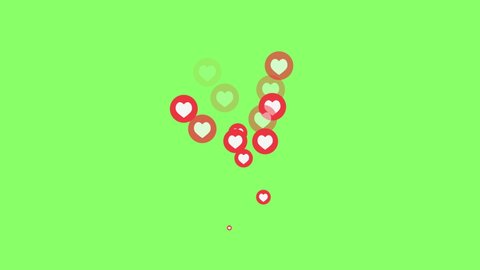 Red hearts isolated on green background move up 4k footage. Heart on green screen.