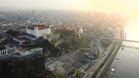 Bratislava castle during epic sunrise - aerial view