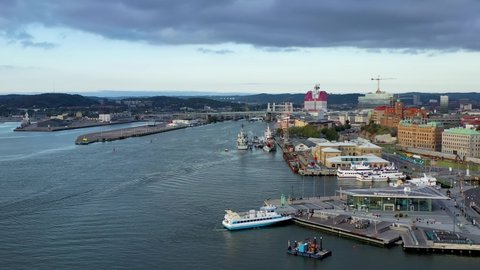 Panoramic aerial view over Göta älv river banks of Gothenburg in Sweden.