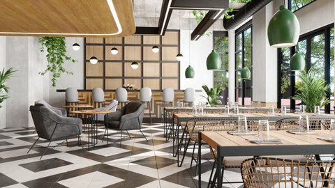 3d Rendering of Interior Of Luxury Cafe With Bar Counter, Plants And Tables