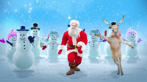 Merry christmas and happy new year, 3d rendering, Snowman, Deer,  santa claus Dancing, Animation Loop, cartoon