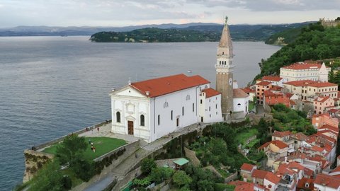 Church of Saint George, amazing view of Adriatic sea and shore, Piran. Aerial