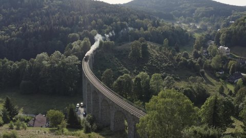 Steam Train on Viaduct Aerial Cinematic Drone Footage