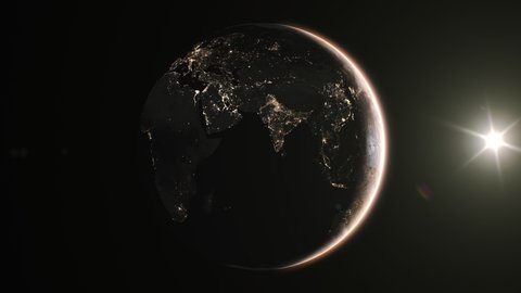 Beautiful 3d Animation of Changing of Day and Night on Planet Earth Seamless. Daytime and Night Cities. Sun Shining and Rotating Earth Looped. Realistic View from Satellite. 4k UHD 3840x2160.