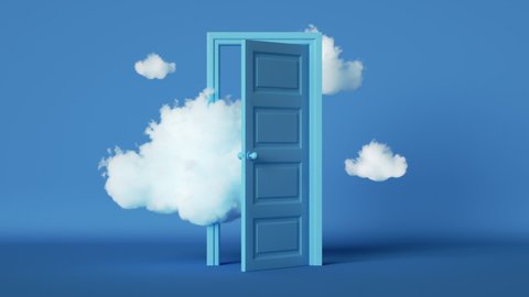 3d animation of white clouds floating through the opening door inside the empty blue room, surreal dream concept