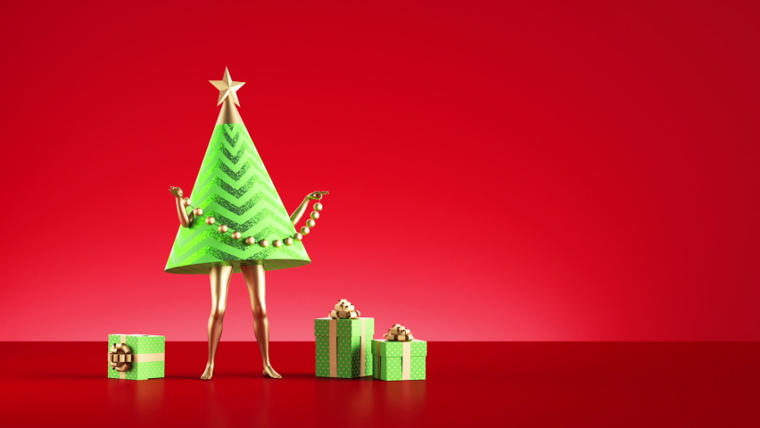 looping animation of a dancing green cone, Christmas tree cartoon character with golden legs, wrapped gift boxes. Holiday red background with copy space. Unusual surreal festive concept