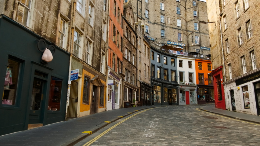 EDINBURGH, circa 2020 - Walking along the famous West Bow and Victoria street, a popular venue with traditional shops and an icon of Edinburgh, Scotland, UK