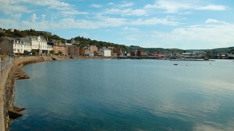 Panoramic view of Oban, a resort town within the Argyll and Bute area of Scotland, UK. The bay is a near perfect horseshoe.