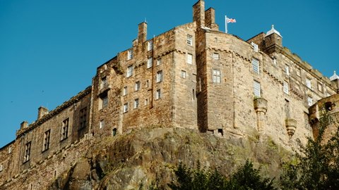 Close-up shot of Edinburgh Castle in Scotland, UK. The royal castle on the rock dates back to the reign of David I in the 12th century