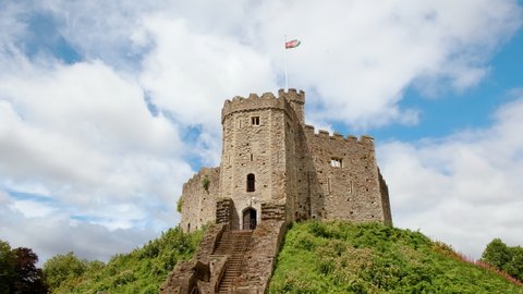Close-up shot around Cardiff Castle in Wales, UK on a glorious sunny day. The castle construction dates back to 1081