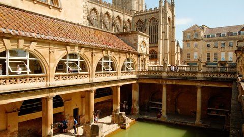 BATH, circa 2020 - Tilting shot of The Roman Baths spa complex in the city of Bath, Somerset, England, UK, first built around 60 AD by the Romans