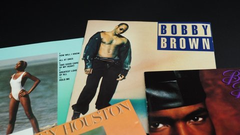 Rome, August 29, 2020: CDs and artwork of WHITNEY HOUSTON, and BOBBY BROWN. Married from 1992 to 2006 when after a difficult relationship they divorced