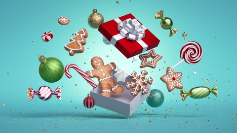 Christmas animated 3d greeting card. Gingerbread cookies, candies and balls jump from gift box, over blue background. Bang of golden confetti. Festive animation. Slow motion of levitating ornaments