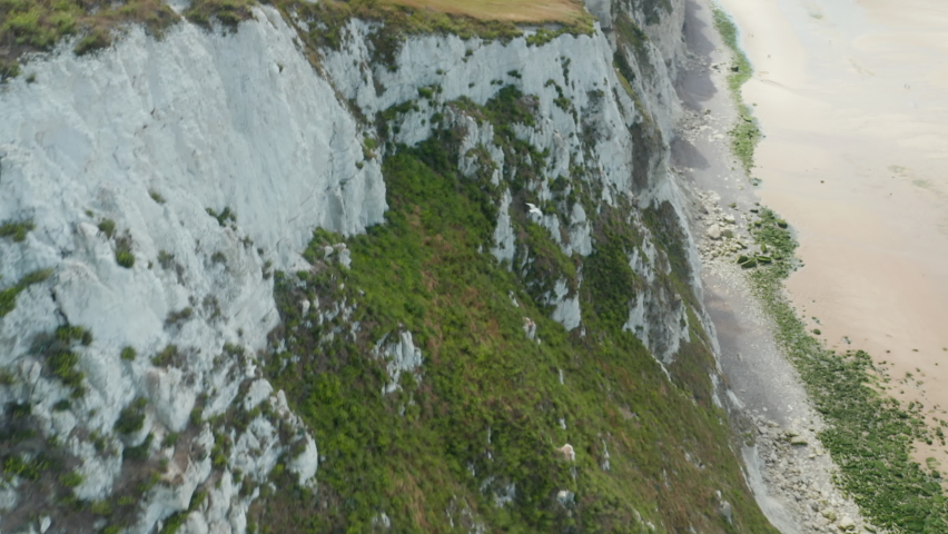 Cinematic Aerial view of rural Cliff in France with Bird passing and ocean view