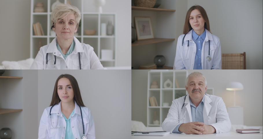 doctor wearing headset videoconferencing training therapist and surgeon about corona virus pandemic during group conference video call, virtual webcam chat app. Royalty-Free Stock Footage #1059840209