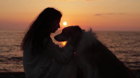 Silhouette of girl sitting on beach with her dog, Dog licking her face. watching colorful sky in sunset with mountains horizon and drives boats on calm lagoon