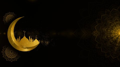 Gold Color Eid Al Adha Mubarak and Traditional Lanterns Ramadan Islamic with Particle and Lighting Background