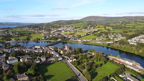 Aerial view over Killaloe and Ballina. A glorious location on the banks of the River Shannon. Two heritage towns situated on the south end of Lough Derg. Killaloe, Co Clare and Ballina, Co Tipperary