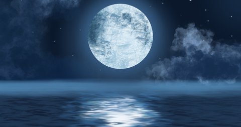 Animation of scene at night with clouds, fog and moon shining and reflecting in water. Atmospheric winter season concept digitally generated image.
