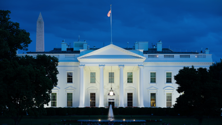 Washington, DC, USA- May 20, 2019: The White House in Washington DC at Night Timelapse 