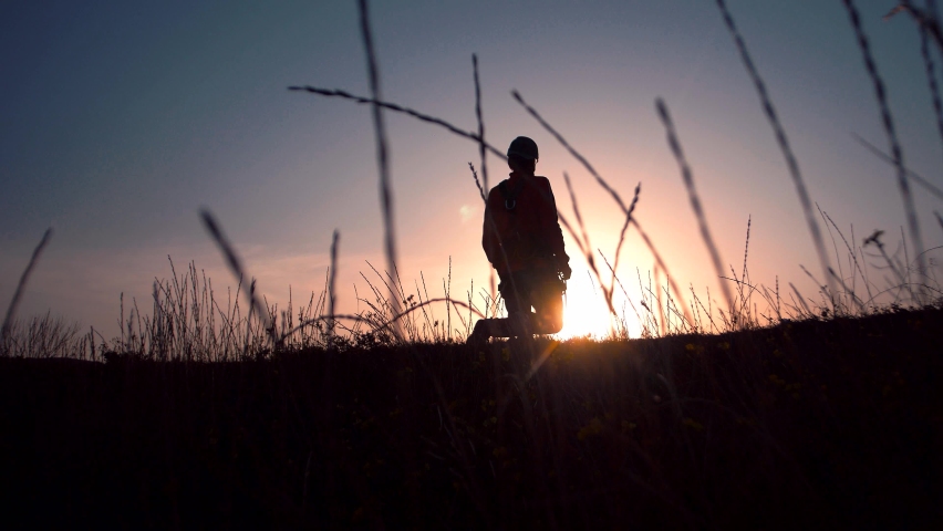 Silhouette of a man falls to his knees in a field against a sunset background Royalty-Free Stock Footage #1059861563
