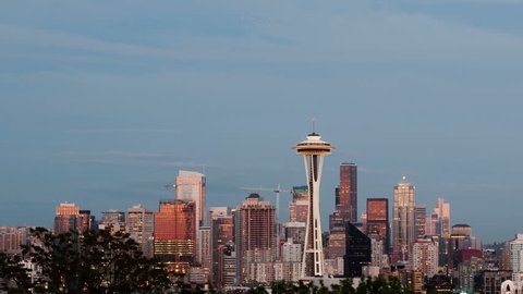 SEATTLE, WA, USA - MAY 29, 2015: 4K Time lapse pan shot Seattle skyline after sunset with a firework show during the twilight