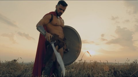 From below motion of man wearing roman costume twisting sword in hand in field with dry wheat. Close up of muscular shirtless spartan in red cloak and armor talking, holding shield, summer sunset.