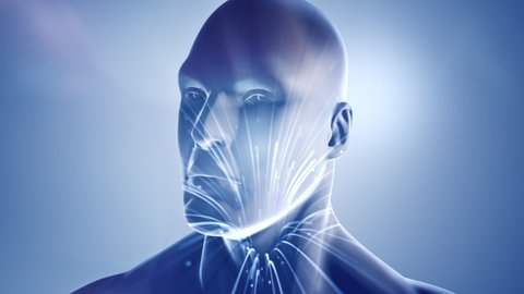 Double exposure of abstract human face with moving of lines for fiber optic network. Magic flickering dots or glowing flying lines. Animation loop.
