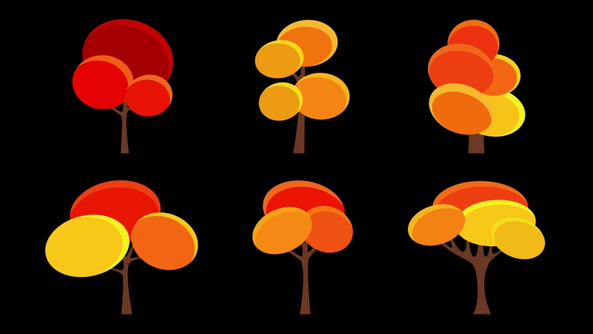 Set of animated different fall plants and trees with falling leaves. Oak, aspen, alder, poplar. Vector orange autumn trees Cartoon Trees on black background. Simple design. Animation in flat style.